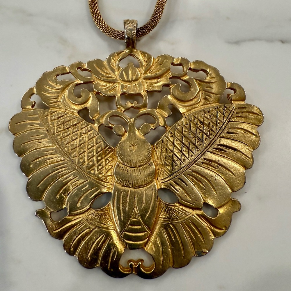 Kenneth Lane Large Gold Butterfly Pendant Necklace c 1960